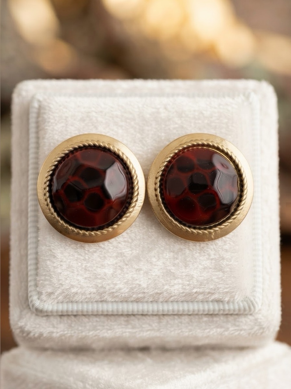 Vintage Red Statement Earrings | Crimson Faceted Cabochon Gold-Tone Rope Border